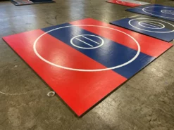 AK Athletic Equipment Clearance Wrestling Mat 12' X 12' X 1 3/8" Roll-Up Mat Red And Blue With White Circles Martial Arts