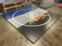 AK Athletic Equipment CLEARANCE 12' X 12' X Ultra Shock Roll Up Wrestling Mat Blue, Black, And Grey With Logo Wrestling Mats