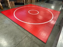 AK Athletic Equipment Martial Arts Clearance Wrestling 14' X 14' X 1 3/8" Roll-Up Mat Vinyl Flaw Red With White Circles