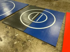 AK Athletic Equipment Martial Arts Clearance 8' X 8' X 1 3/8" Roll-Up Wrestling Mat Blue And Black With White Circles