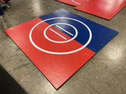 AK Athletic Equipment Clearance 8' X 8' X 1 3/8" Roll-Up Wrestling Mat Red And Blue With White Circles
